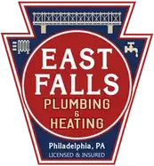 East Falls Plumbing & Heating logo, Philadelphia, PA, with plumbing icons and bridge graphic.