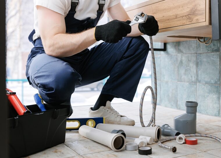 Plumber in blue overalls kneeling, using a wrench on a pipe, surrounded by plumbing tools and parts.